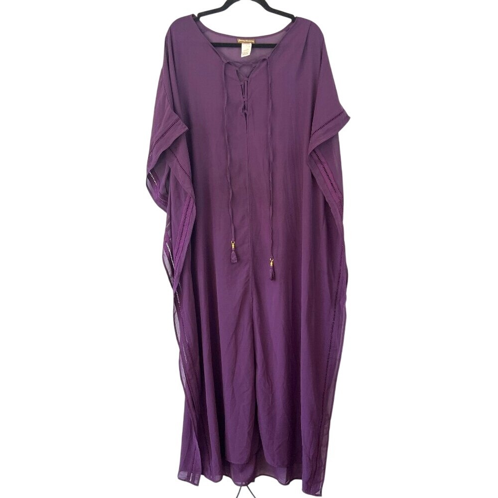 Tommy Bahama Purple Kaftan Maxi‎ Length Cover Up Size L/XL Beachy Resortwear